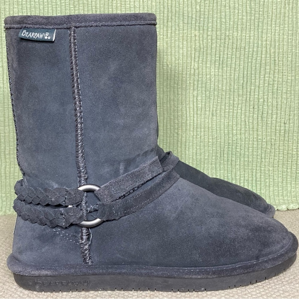 BEARPAW Womens Adele Grey Braided Harness Suede/Wool/Sheepskn Short Boots SZUS 7